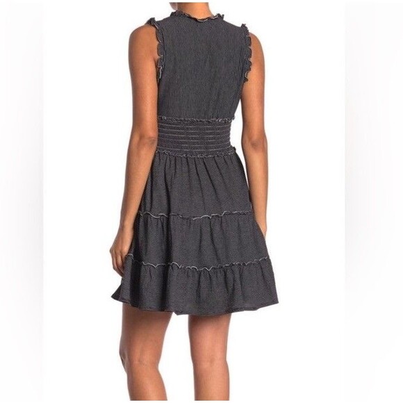 Max Studio Black Tiered Ruffle Smocked Striped A Line Dress Womens Size M - Picture 2 of 16